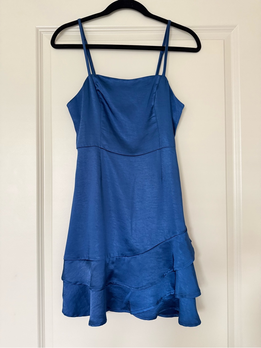 Lulu's Blue Satin Mini Dress with Ruffle Hem